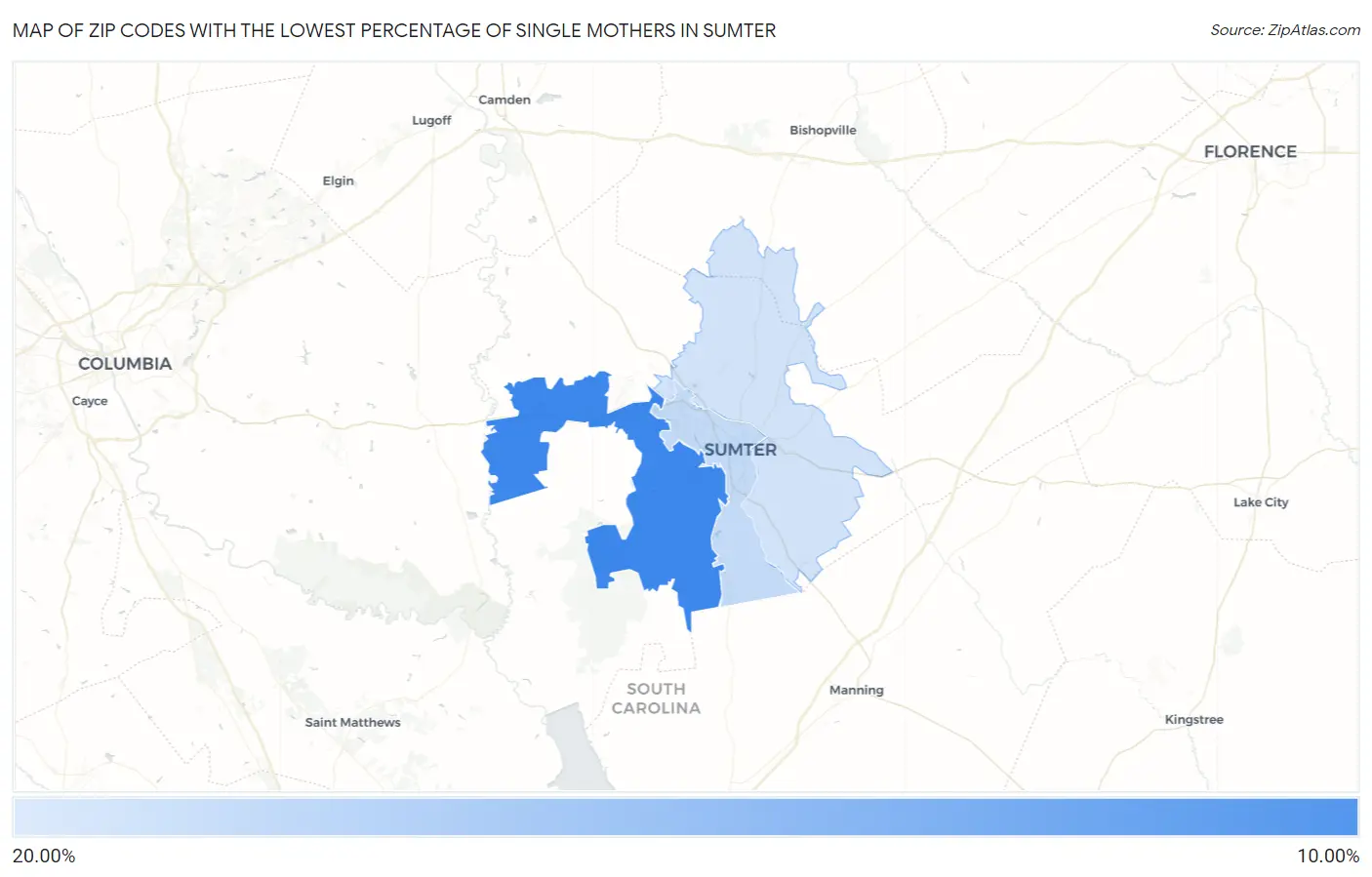 Zip Codes with the Lowest Percentage of Single Mothers in Sumter Map
