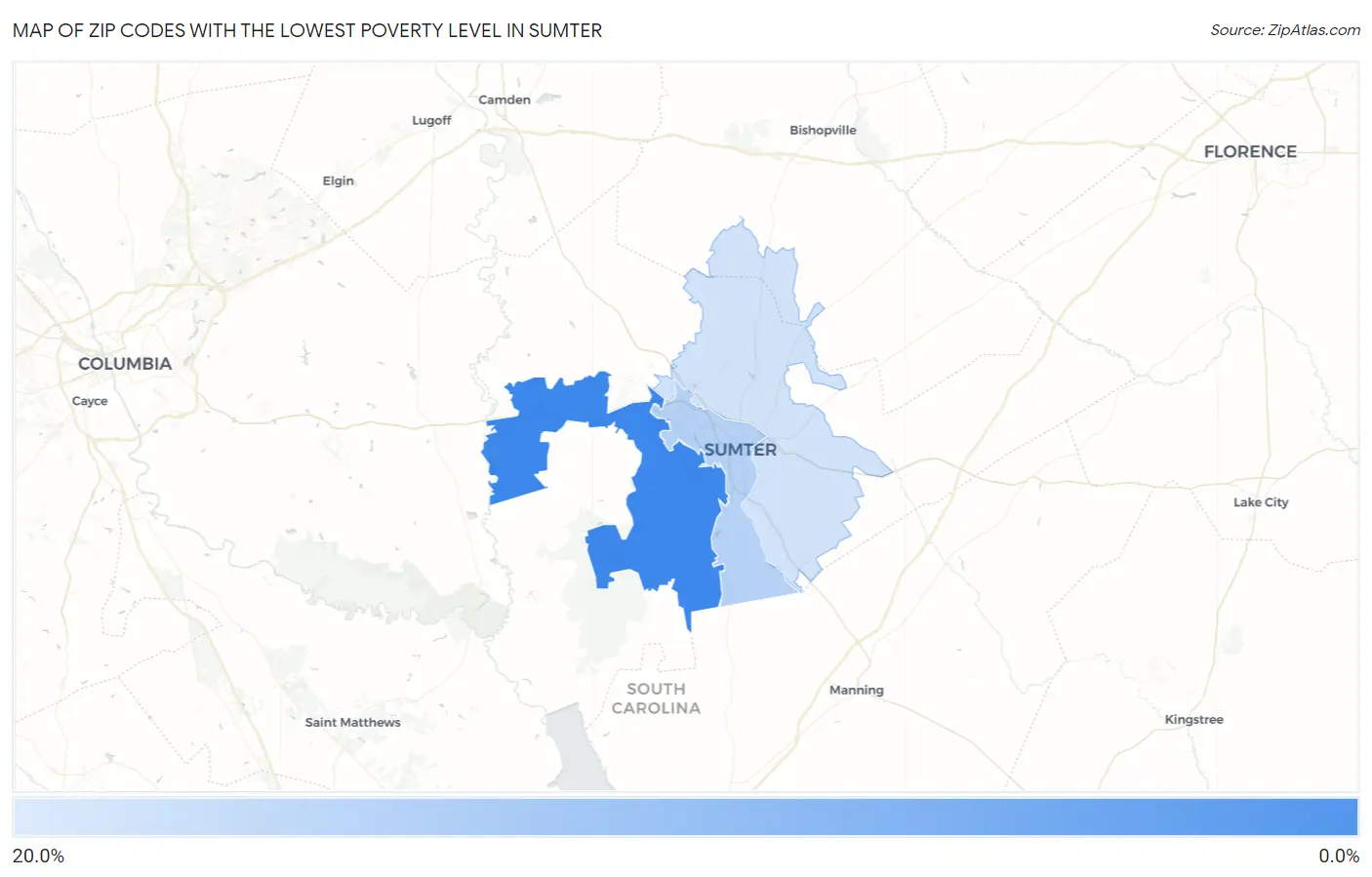 Zip Codes with the Lowest Poverty Level in Sumter Map