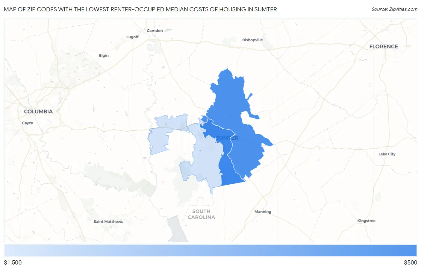 Zip Codes with the Lowest Renter-Occupied Median Costs of Housing in Sumter Map