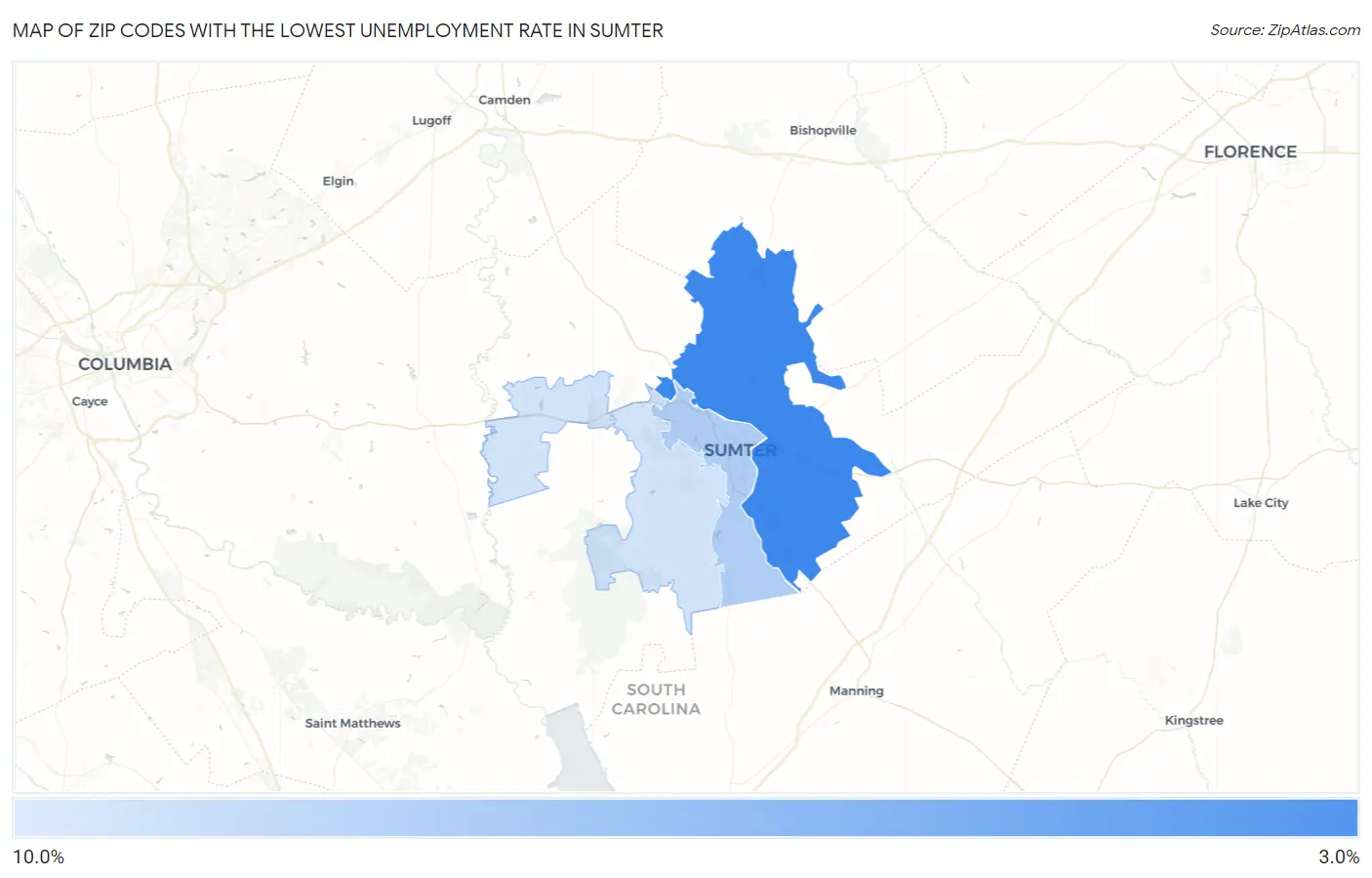 Zip Codes with the Lowest Unemployment Rate in Sumter Map
