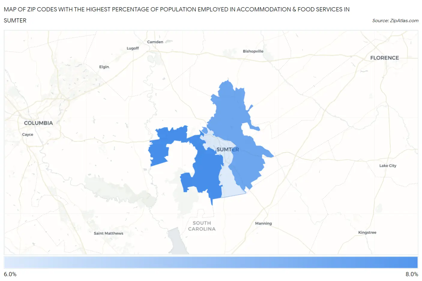 Zip Codes with the Highest Percentage of Population Employed in Accommodation & Food Services in Sumter Map