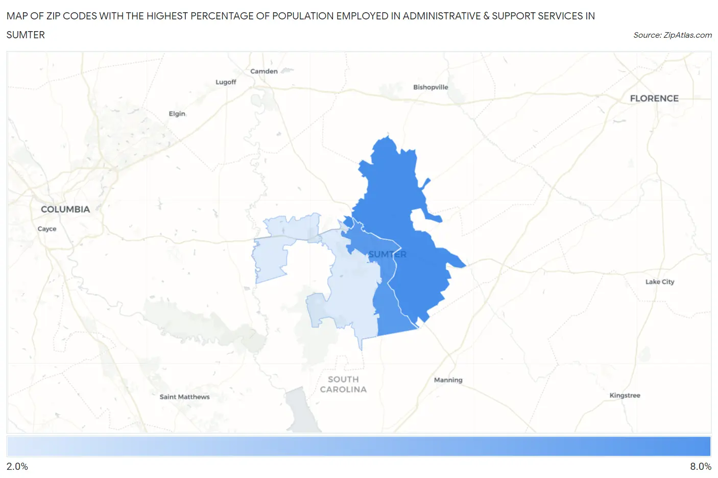 Zip Codes with the Highest Percentage of Population Employed in Administrative & Support Services in Sumter Map