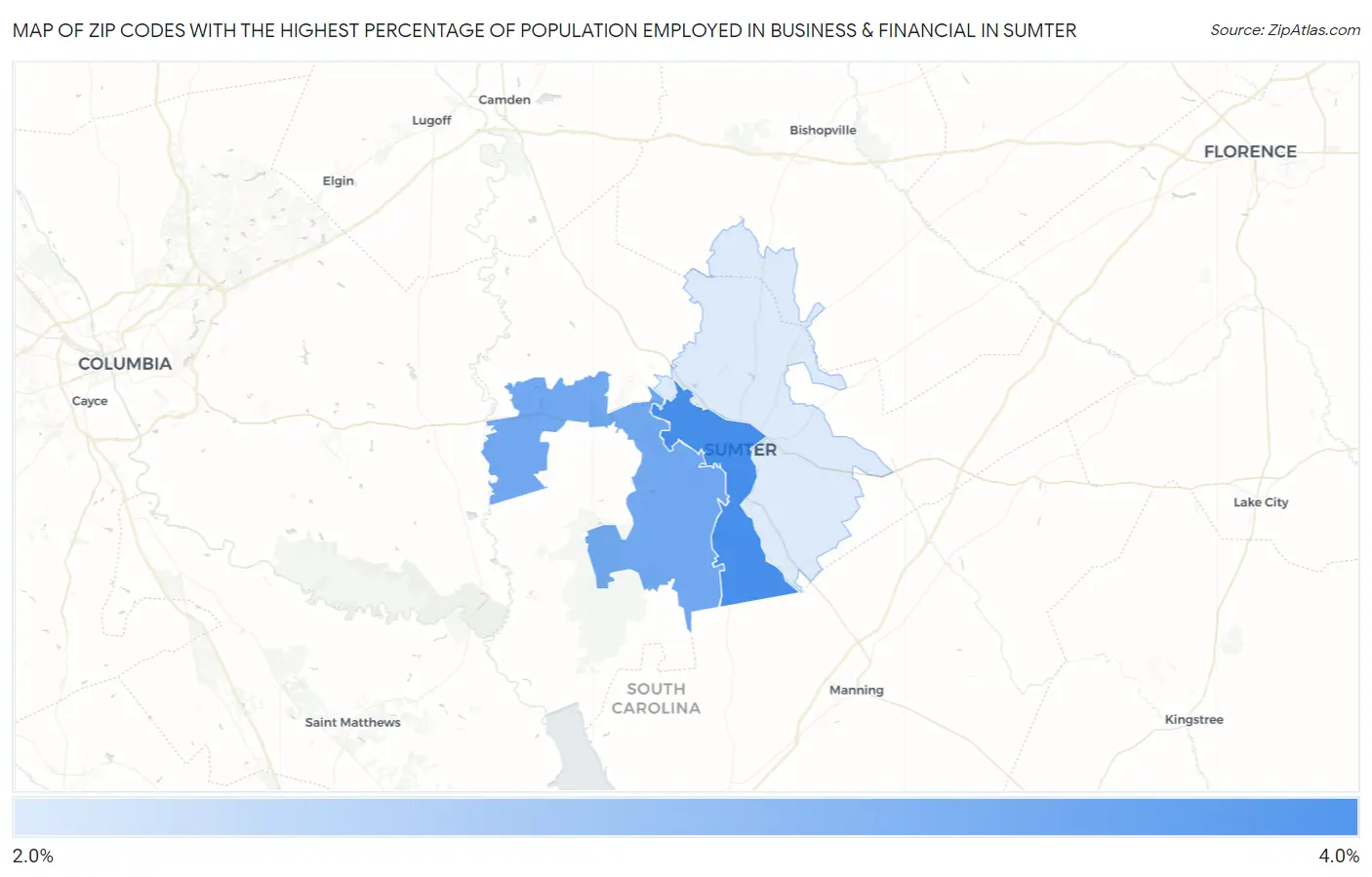 Zip Codes with the Highest Percentage of Population Employed in Business & Financial in Sumter Map