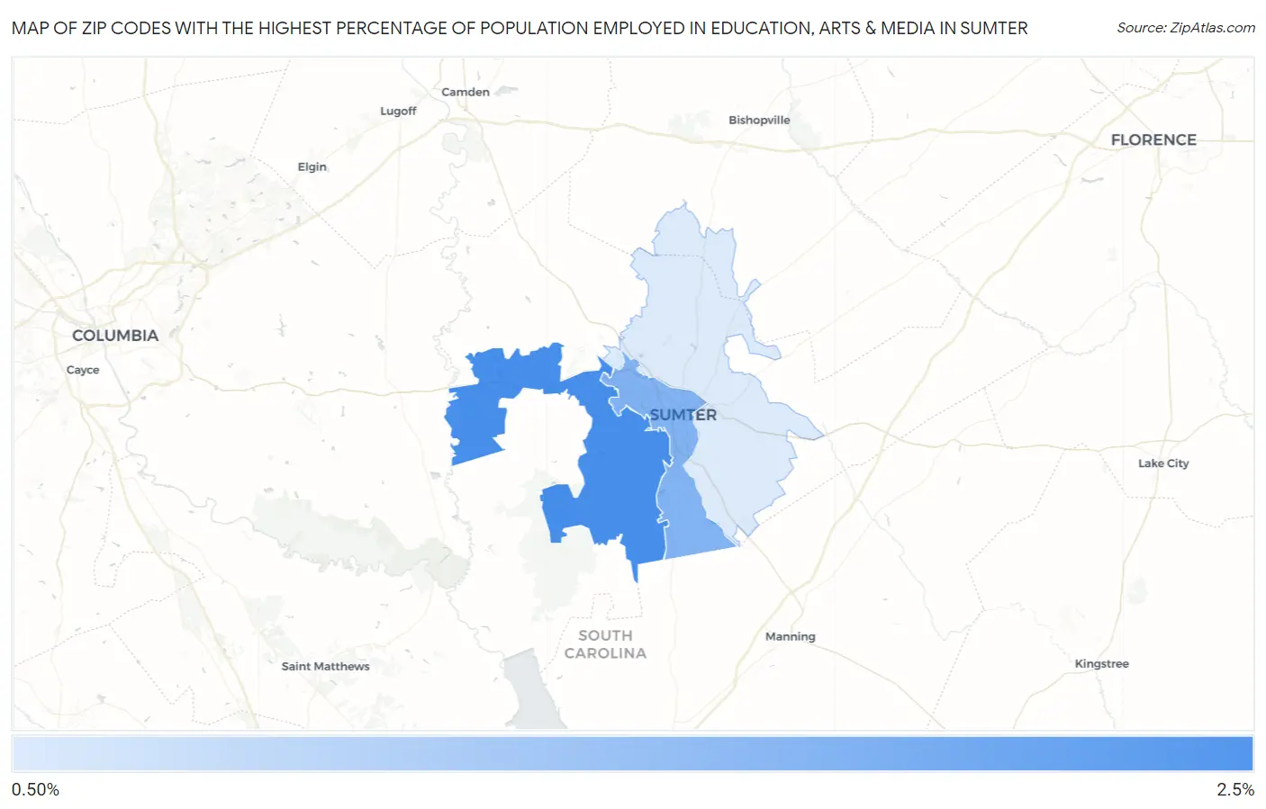 Zip Codes with the Highest Percentage of Population Employed in Education, Arts & Media in Sumter Map