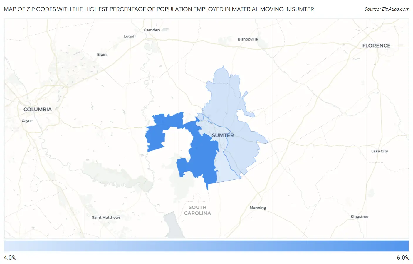 Zip Codes with the Highest Percentage of Population Employed in Material Moving in Sumter Map