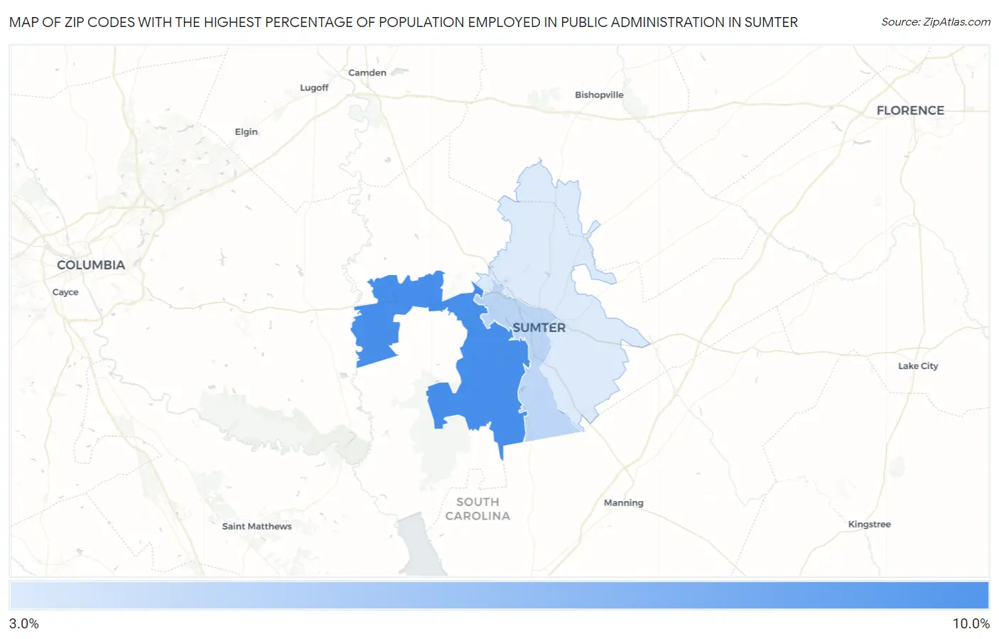 Zip Codes with the Highest Percentage of Population Employed in Public Administration in Sumter Map