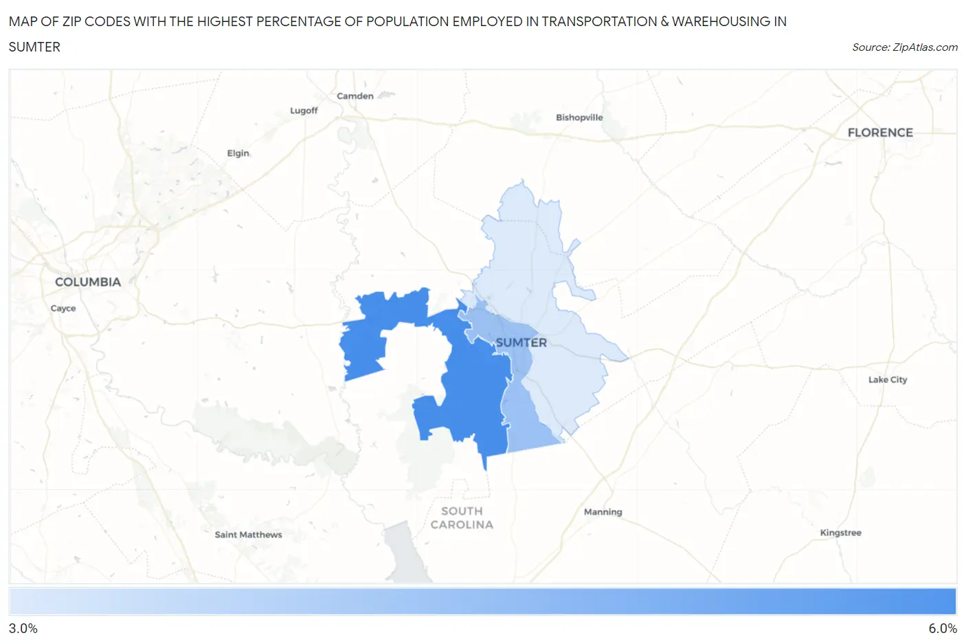 Zip Codes with the Highest Percentage of Population Employed in Transportation & Warehousing in Sumter Map