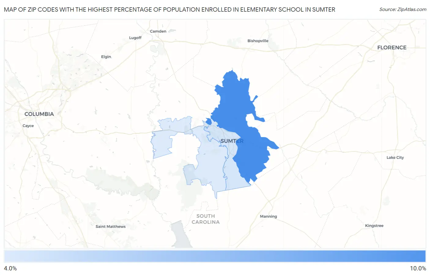 Zip Codes with the Highest Percentage of Population Enrolled in Elementary School in Sumter Map