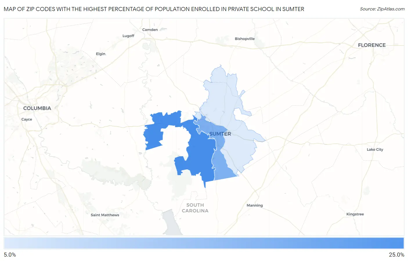 Zip Codes with the Highest Percentage of Population Enrolled in Private School in Sumter Map