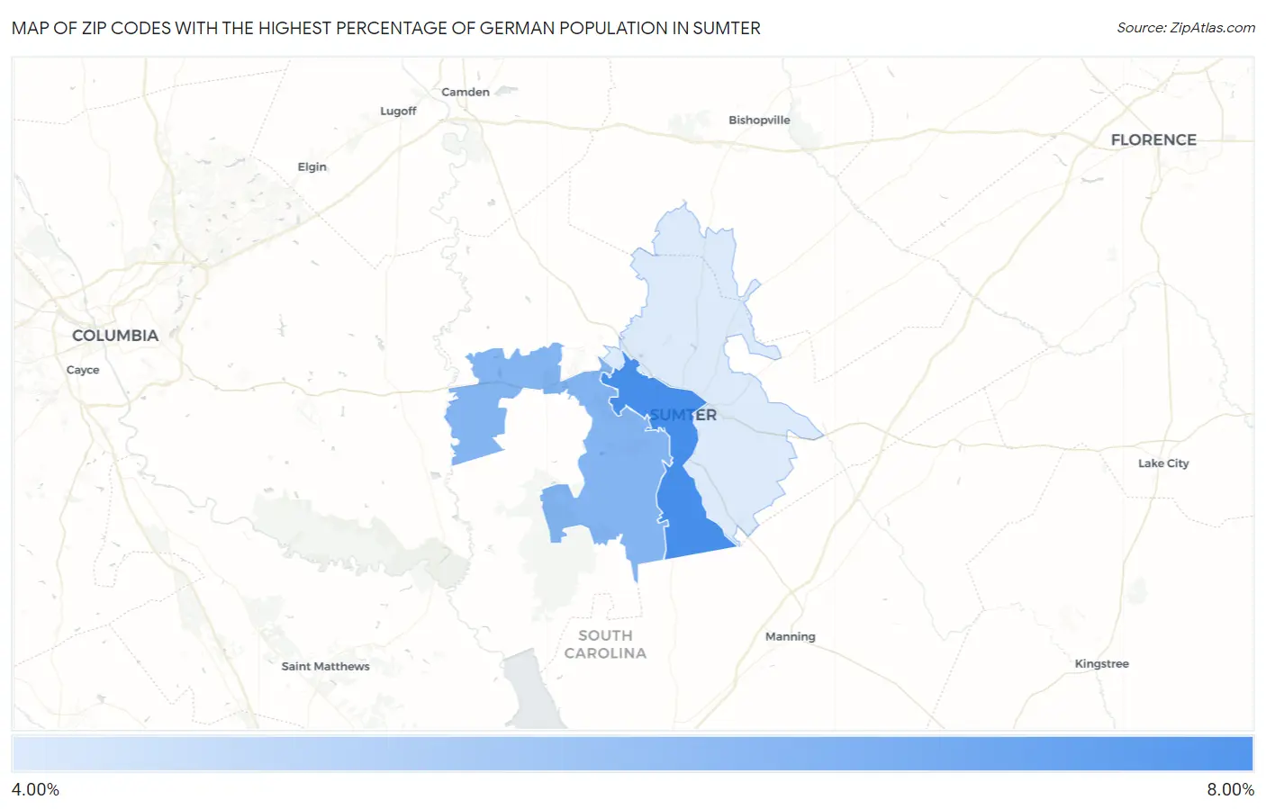 Zip Codes with the Highest Percentage of German Population in Sumter Map