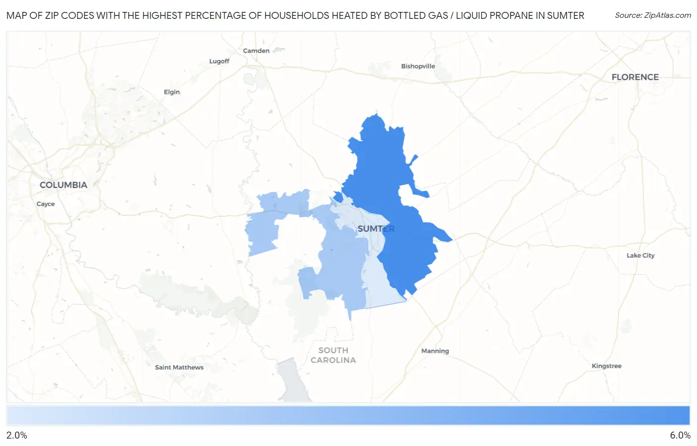 Zip Codes with the Highest Percentage of Households Heated by Bottled Gas / Liquid Propane in Sumter Map