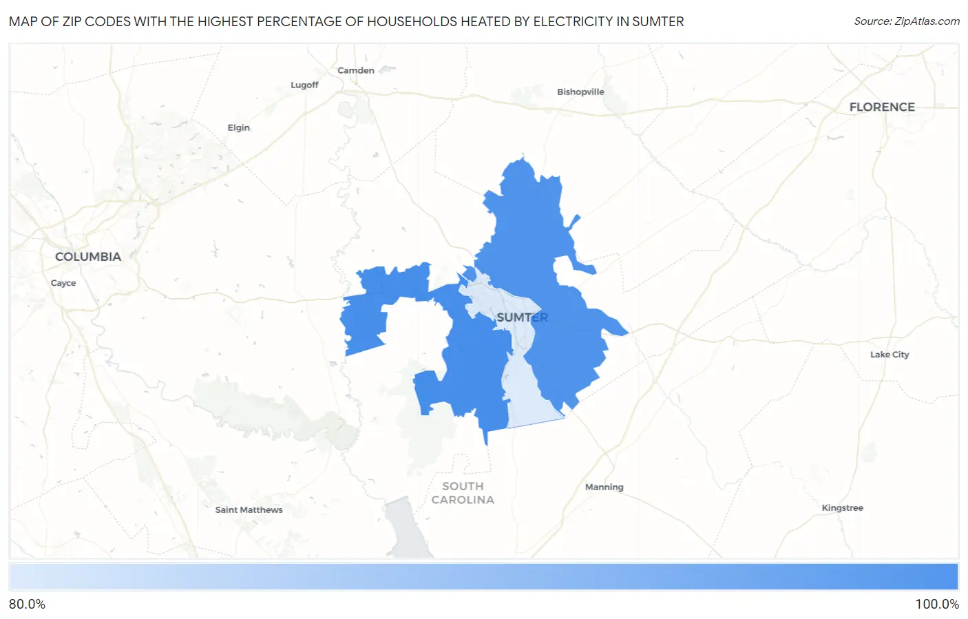 Zip Codes with the Highest Percentage of Households Heated by Electricity in Sumter Map