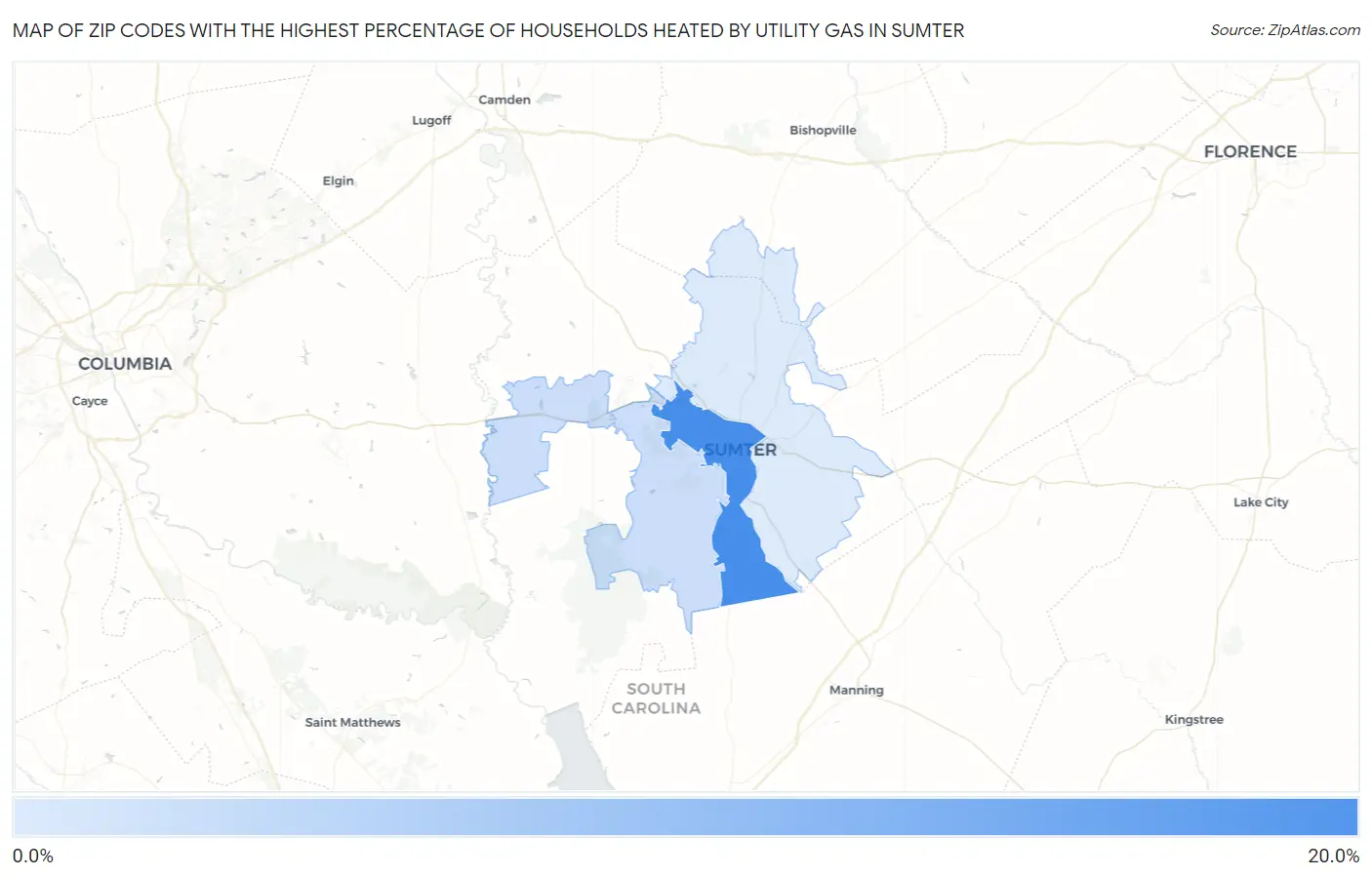Zip Codes with the Highest Percentage of Households Heated by Utility Gas in Sumter Map