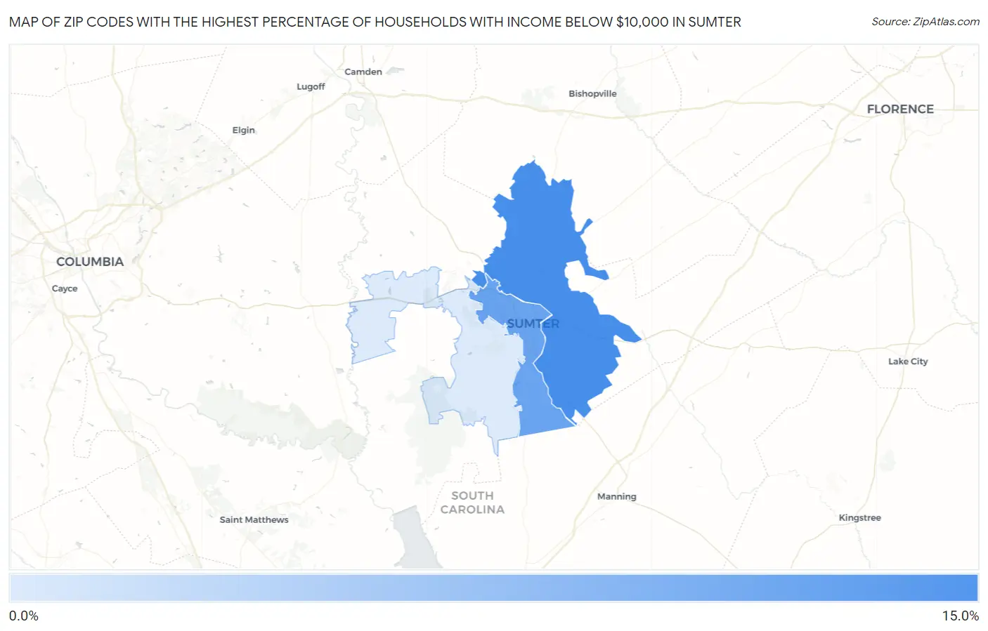 Zip Codes with the Highest Percentage of Households with Income Below $10,000 in Sumter Map