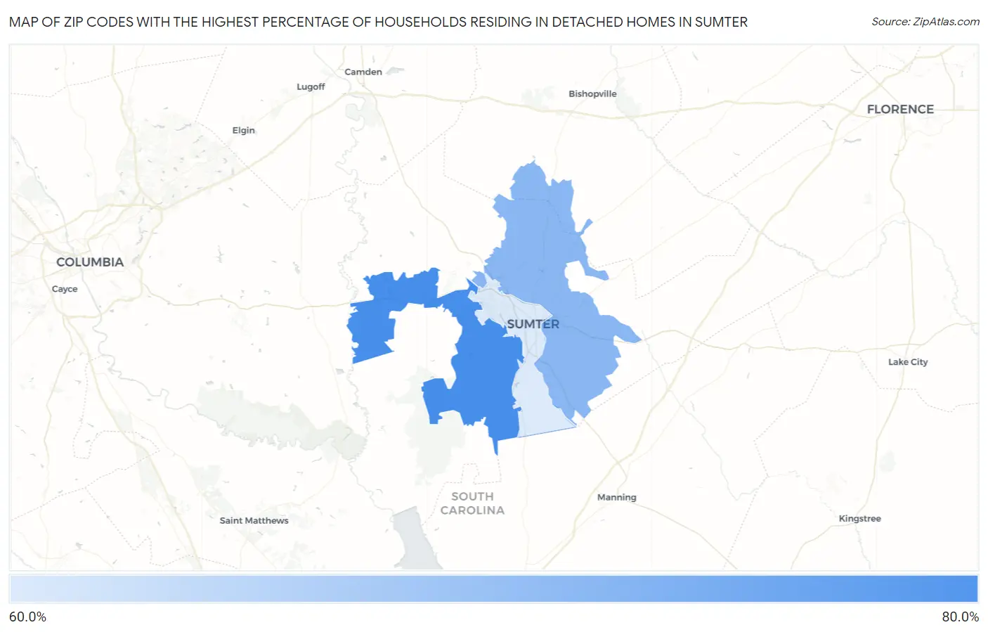 Zip Codes with the Highest Percentage of Households Residing in Detached Homes in Sumter Map