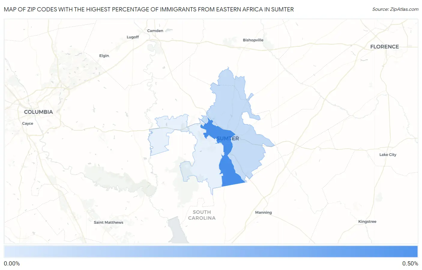 Zip Codes with the Highest Percentage of Immigrants from Eastern Africa in Sumter Map