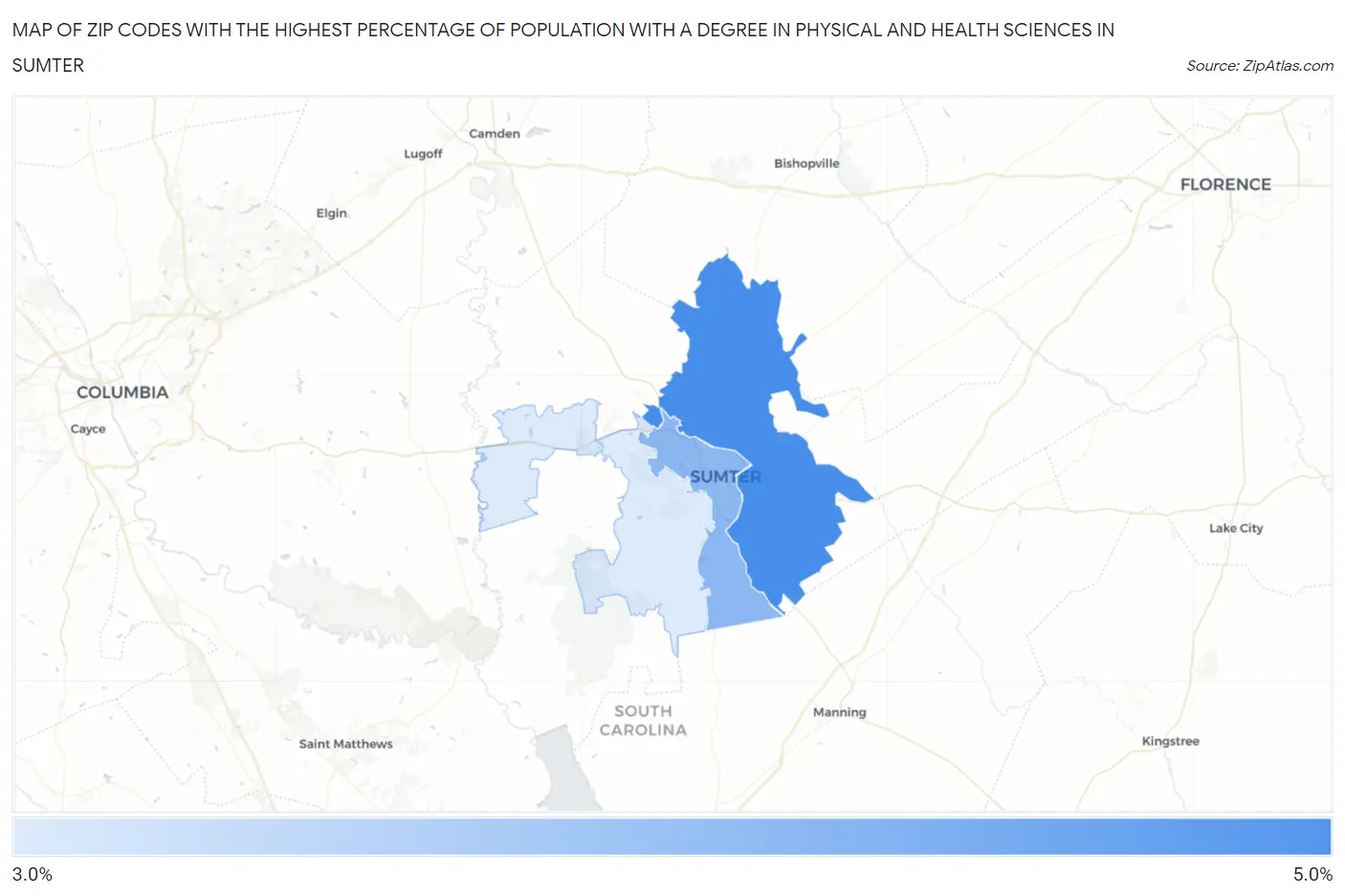 Zip Codes with the Highest Percentage of Population with a Degree in Physical and Health Sciences in Sumter Map