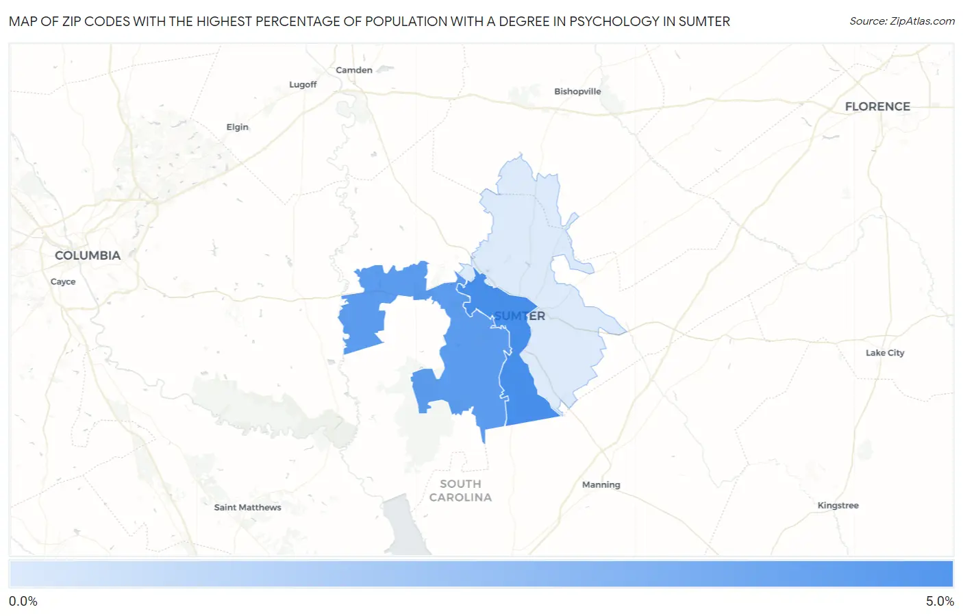 Zip Codes with the Highest Percentage of Population with a Degree in Psychology in Sumter Map