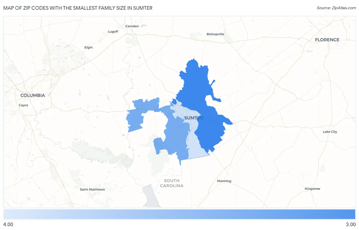 Zip Codes with the Smallest Family Size in Sumter Map