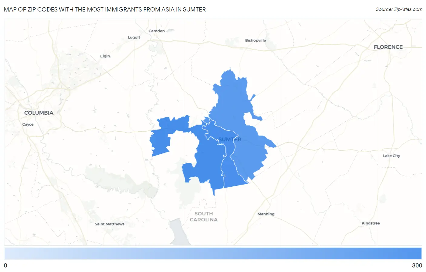 Zip Codes with the Most Immigrants from Asia in Sumter Map