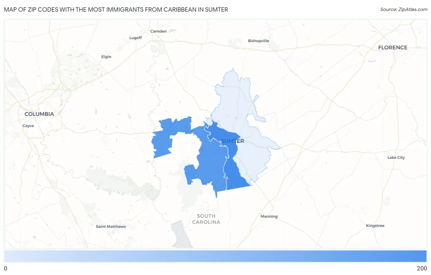 Zip Codes with the Most Immigrants from Caribbean in Sumter Map