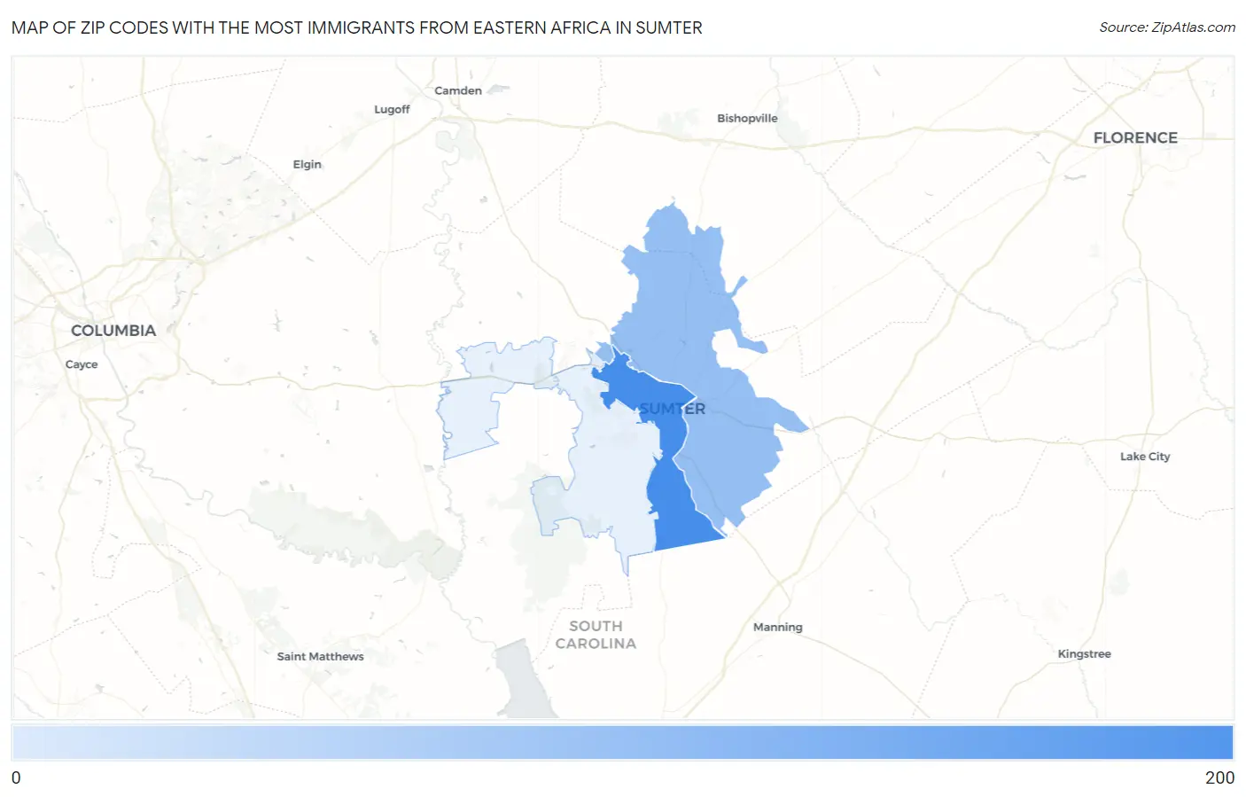 Zip Codes with the Most Immigrants from Eastern Africa in Sumter Map