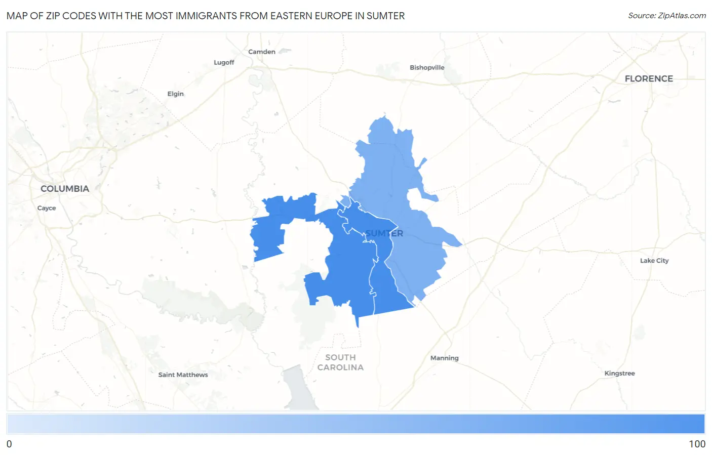 Zip Codes with the Most Immigrants from Eastern Europe in Sumter Map