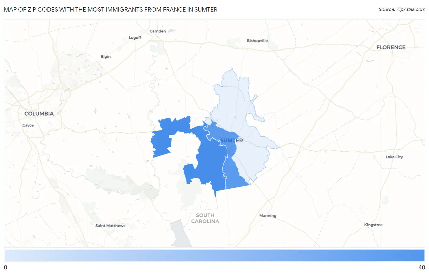 Zip Codes with the Most Immigrants from France in Sumter Map