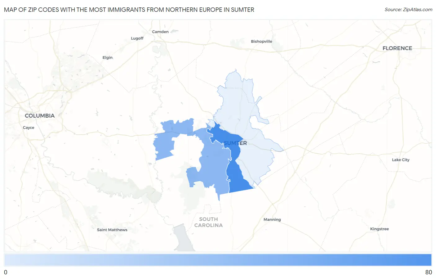 Zip Codes with the Most Immigrants from Northern Europe in Sumter Map