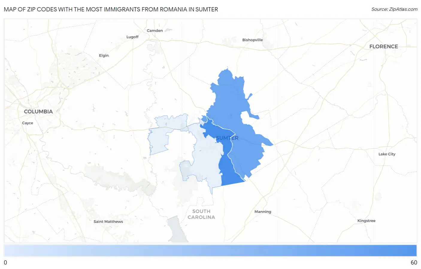 Zip Codes with the Most Immigrants from Romania in Sumter Map
