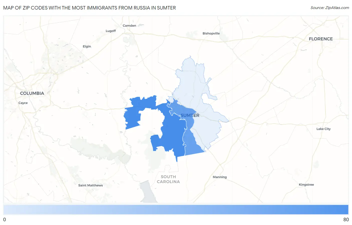 Zip Codes with the Most Immigrants from Russia in Sumter Map