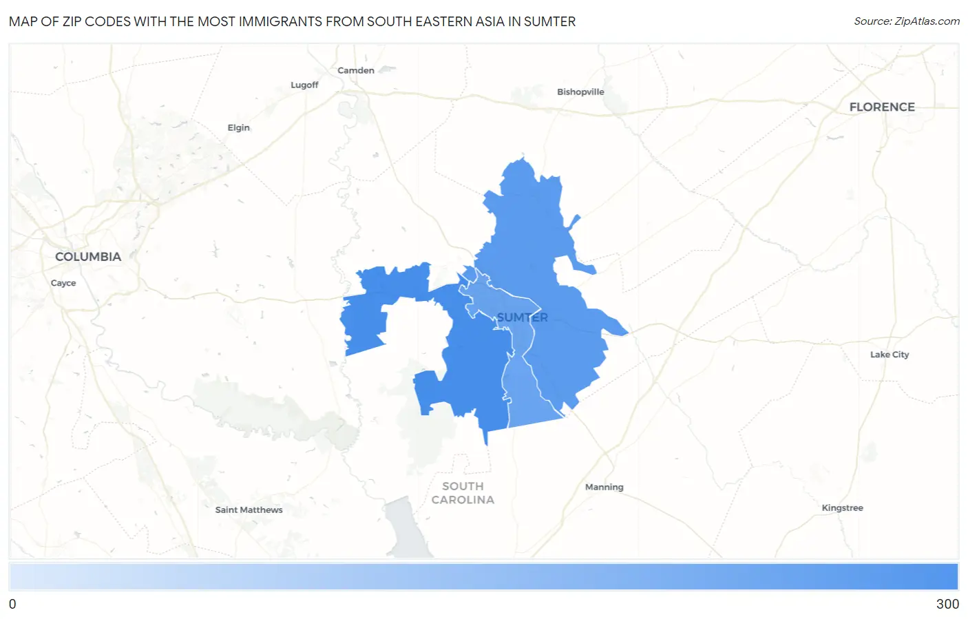 Zip Codes with the Most Immigrants from South Eastern Asia in Sumter Map