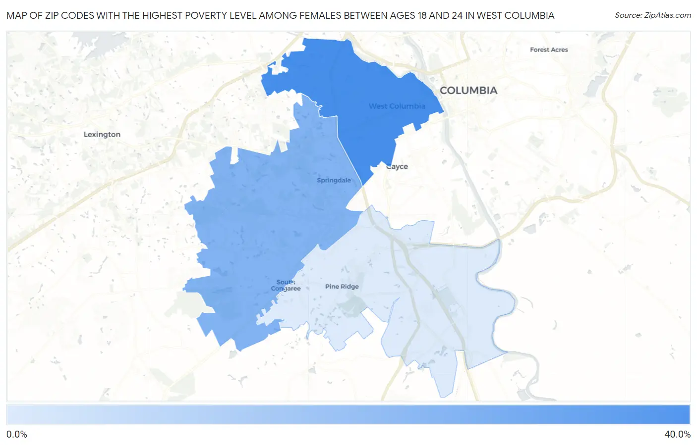 Zip Codes with the Highest Poverty Level Among Females Between Ages 18 and 24 in West Columbia Map