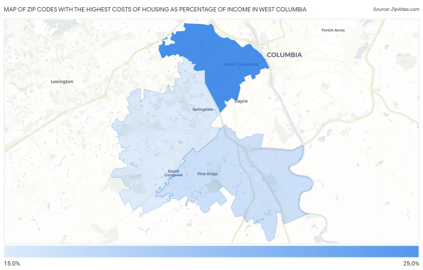 Zip Codes with the Highest Costs of Housing as Percentage of Income in West Columbia Map