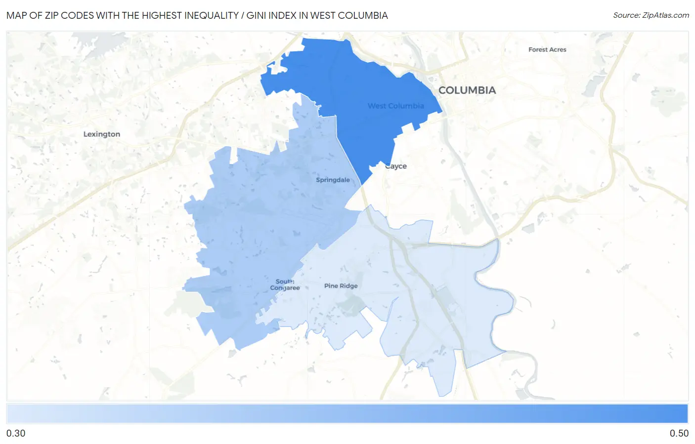 Zip Codes with the Highest Inequality / Gini Index in West Columbia Map