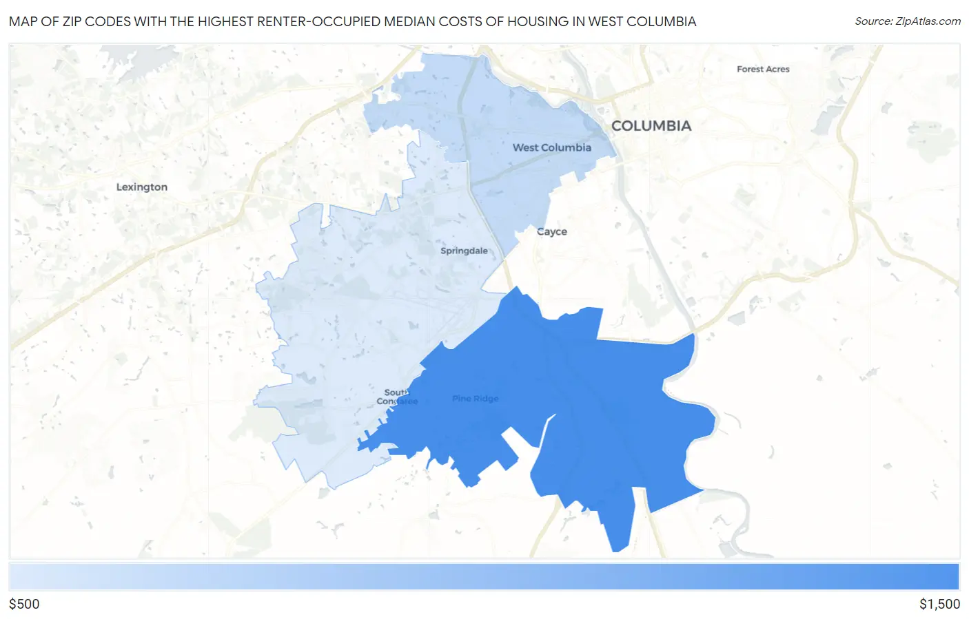 Zip Codes with the Highest Renter-Occupied Median Costs of Housing in West Columbia Map