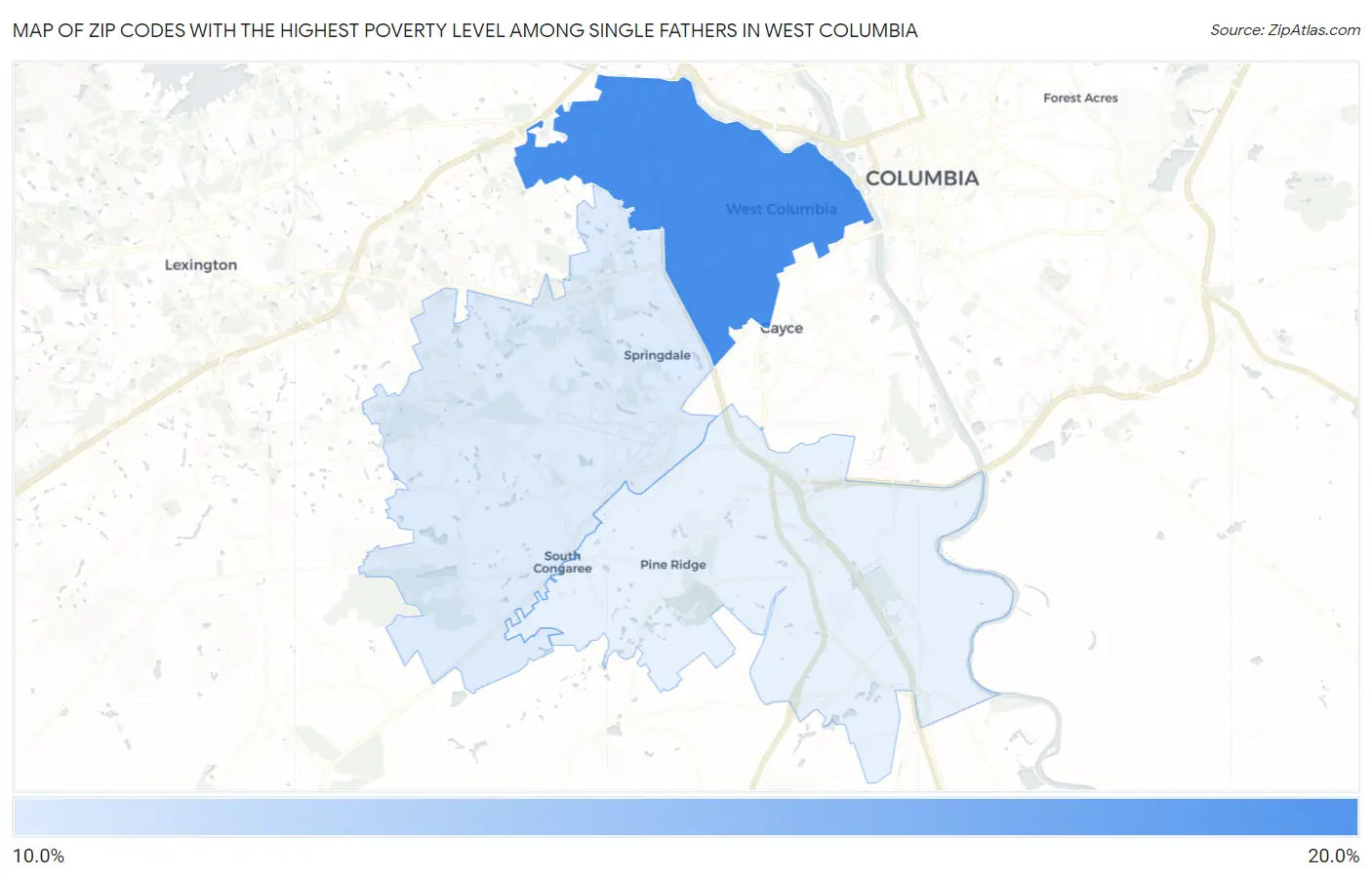 Zip Codes with the Highest Poverty Level Among Single Fathers in West Columbia Map