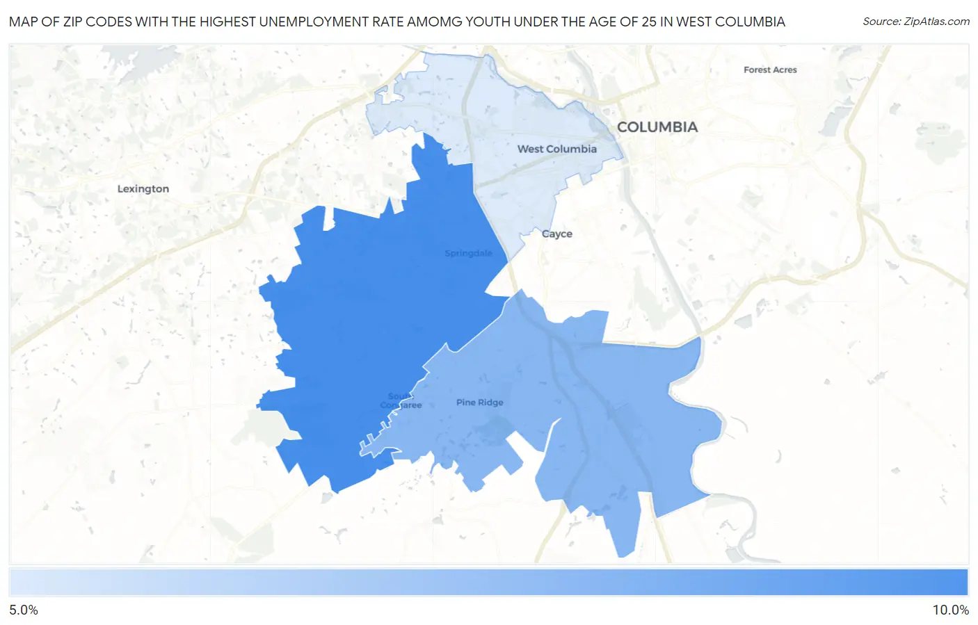 Zip Codes with the Highest Unemployment Rate Amomg Youth Under the Age of 25 in West Columbia Map