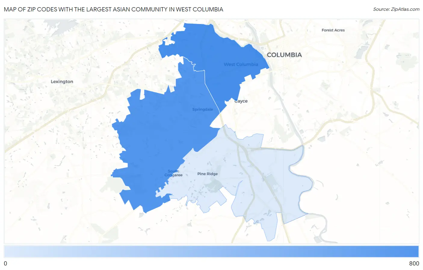Zip Codes with the Largest Asian Community in West Columbia Map