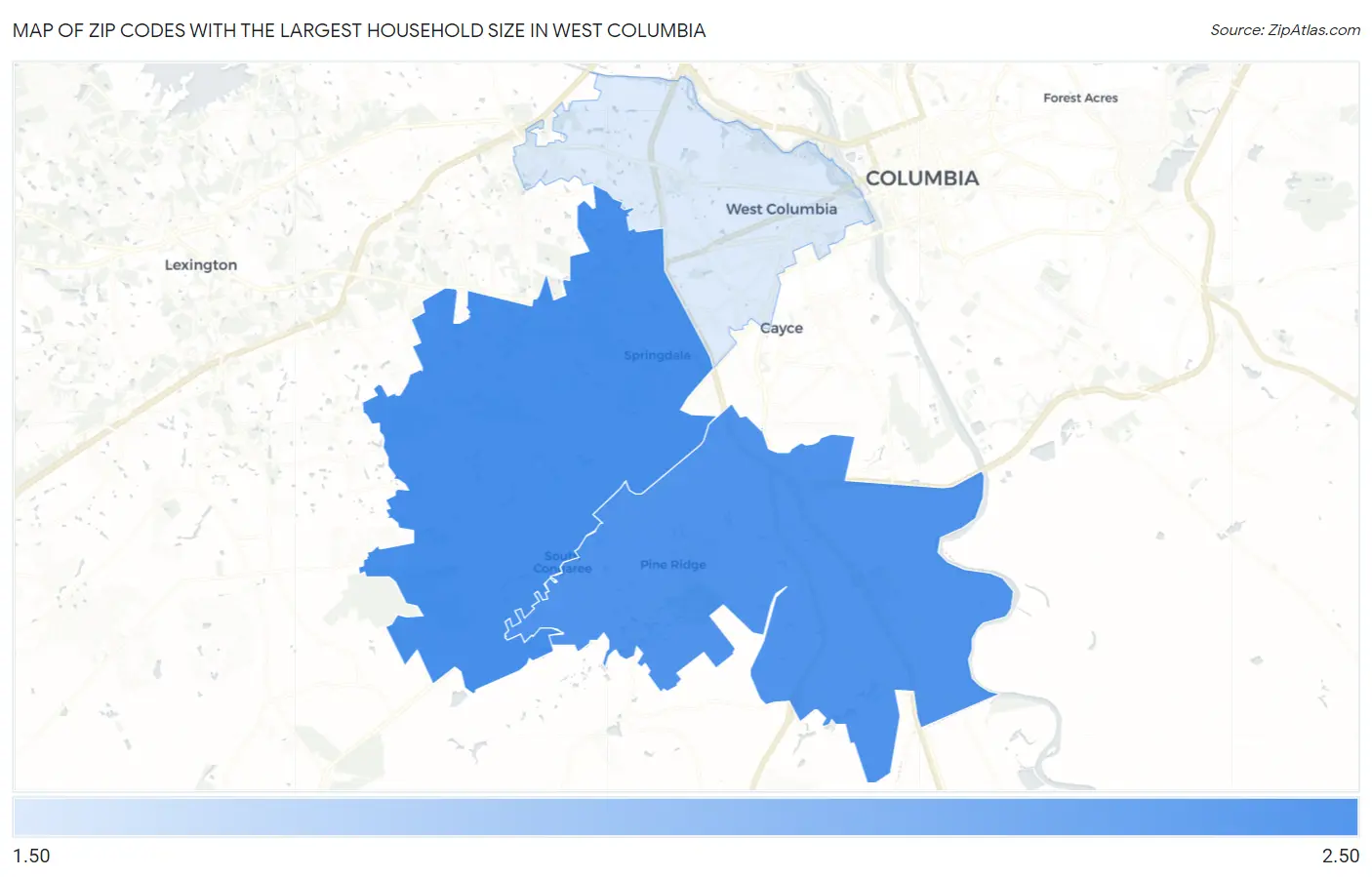 Zip Codes with the Largest Household Size in West Columbia Map
