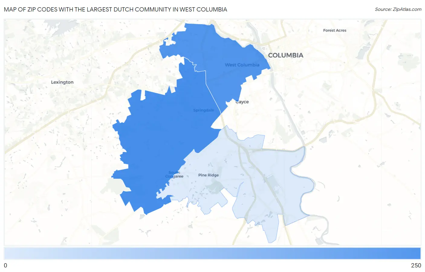 Zip Codes with the Largest Dutch Community in West Columbia Map