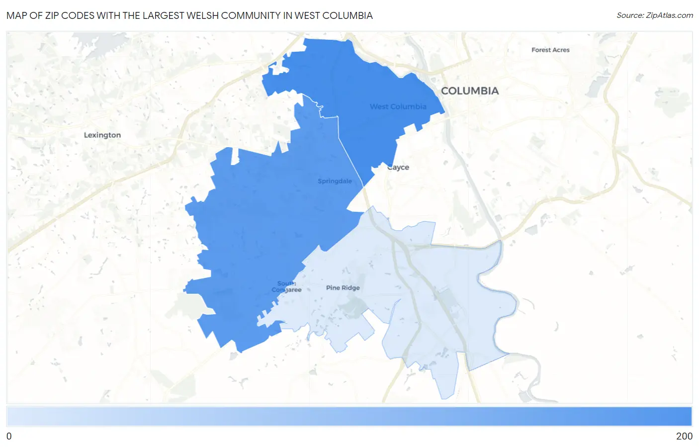 Zip Codes with the Largest Welsh Community in West Columbia Map