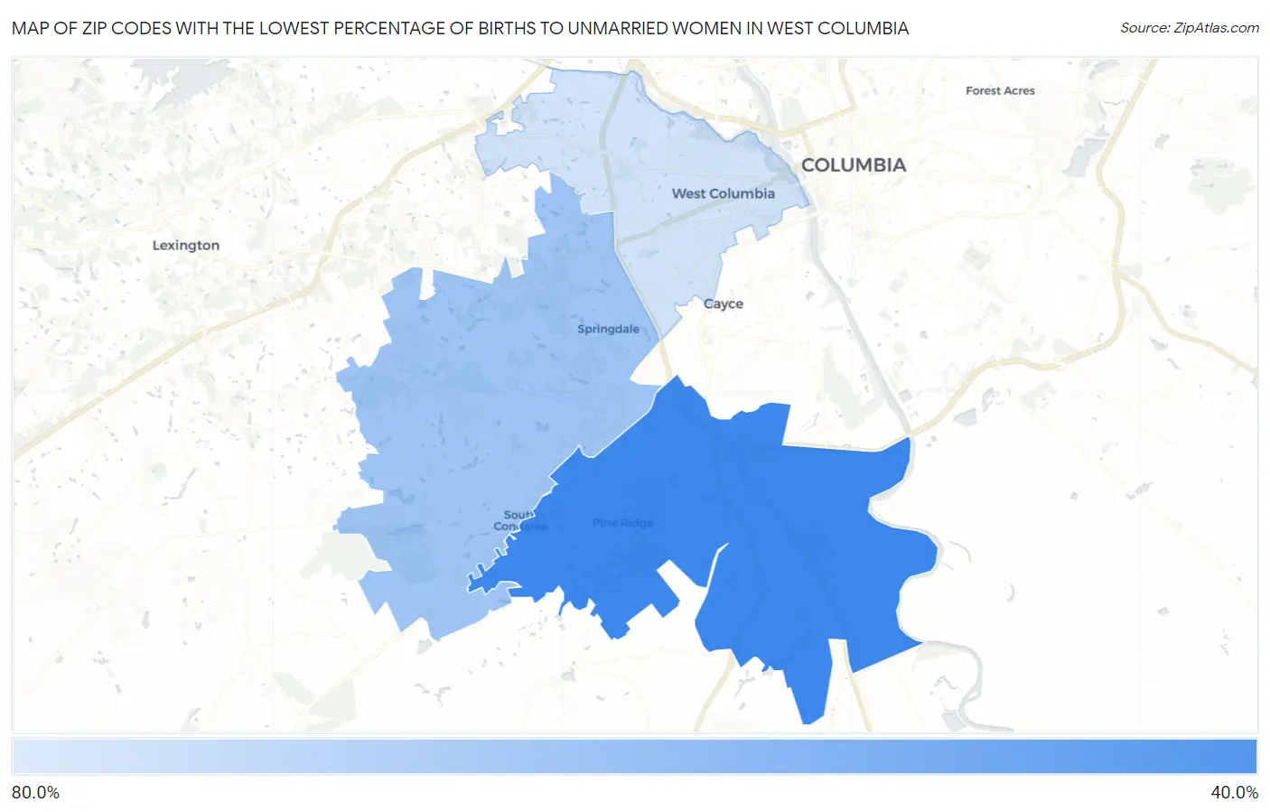 Zip Codes with the Lowest Percentage of Births to Unmarried Women in West Columbia Map