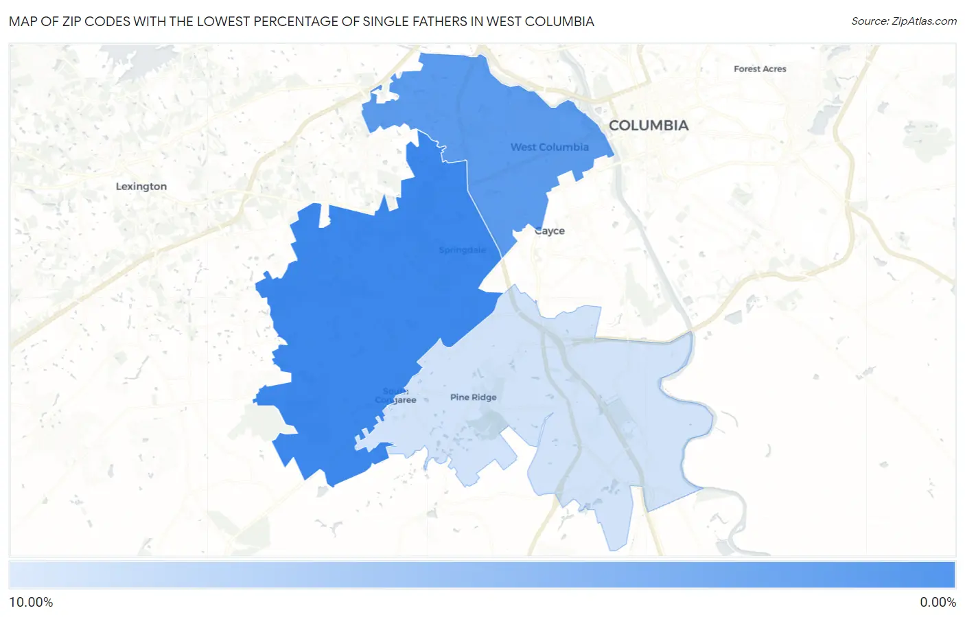 Zip Codes with the Lowest Percentage of Single Fathers in West Columbia Map