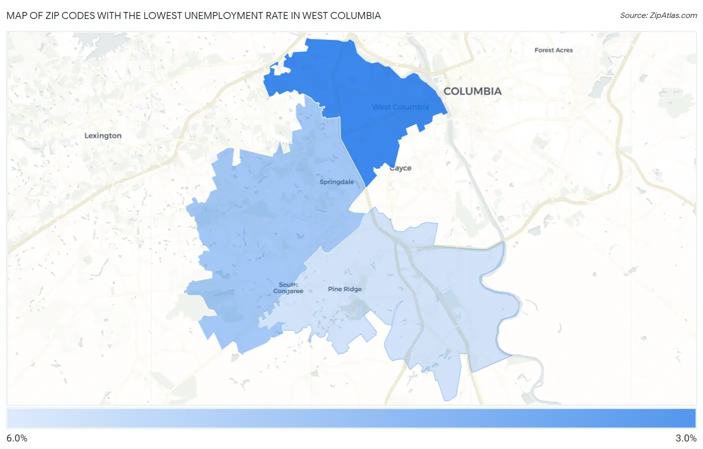 Zip Codes with the Lowest Unemployment Rate in West Columbia Map