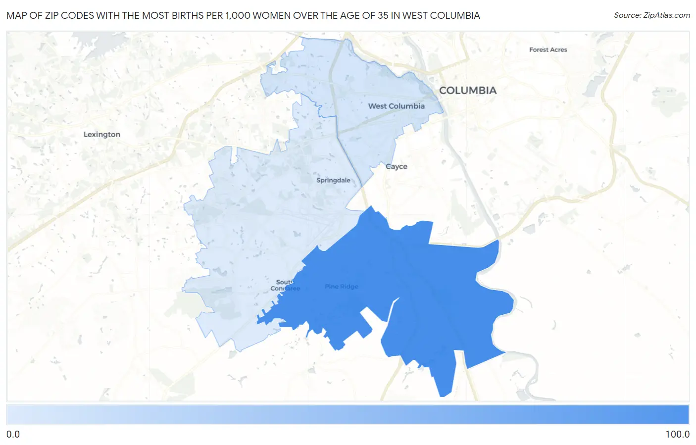 Zip Codes with the Most Births per 1,000 Women Over the Age of 35 in West Columbia Map