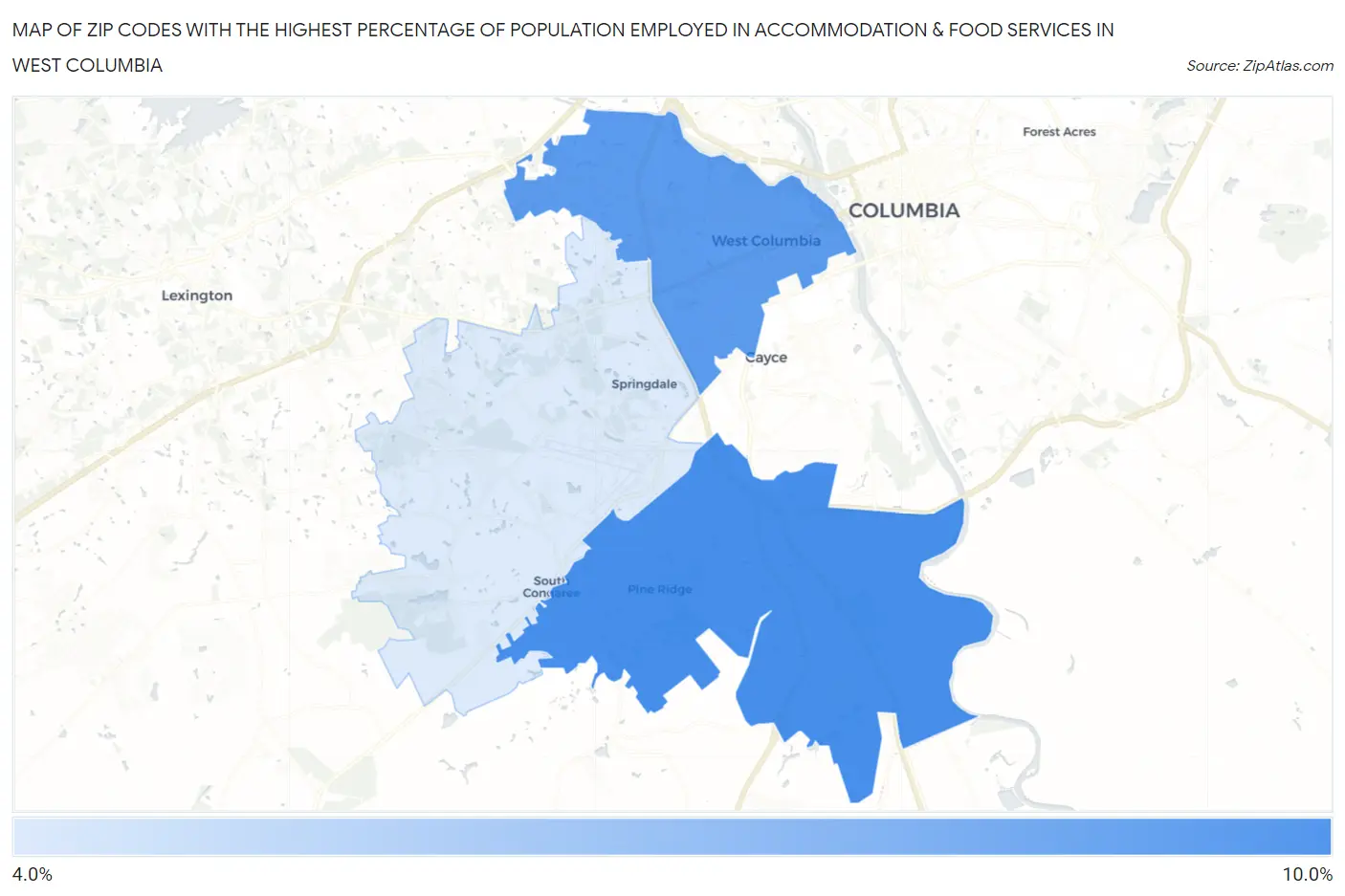 Zip Codes with the Highest Percentage of Population Employed in Accommodation & Food Services in West Columbia Map