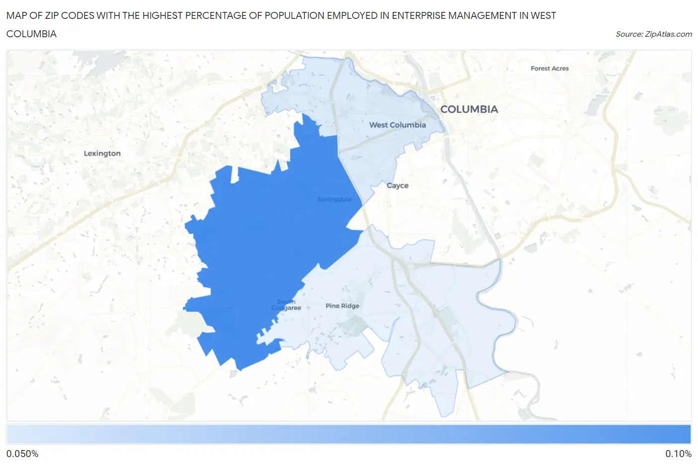 Zip Codes with the Highest Percentage of Population Employed in Enterprise Management in West Columbia Map