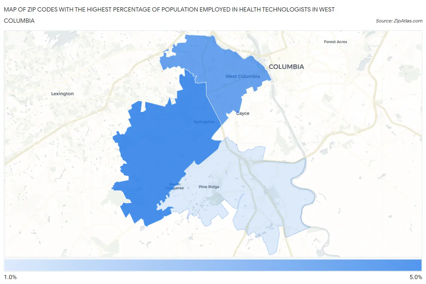 Zip Codes with the Highest Percentage of Population Employed in Health Technologists in West Columbia Map
