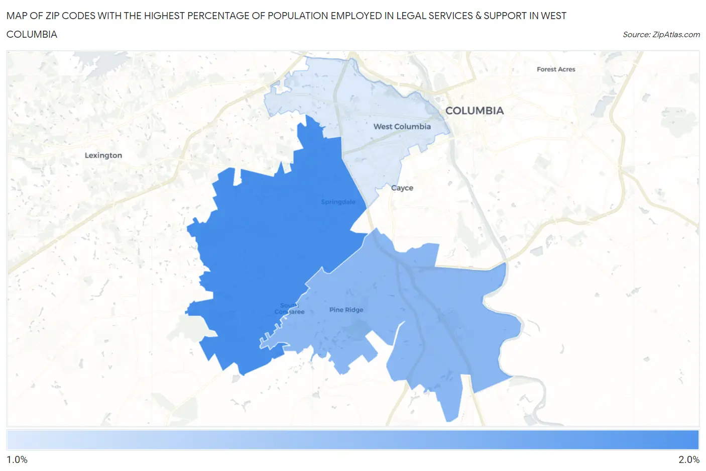 Zip Codes with the Highest Percentage of Population Employed in Legal Services & Support in West Columbia Map